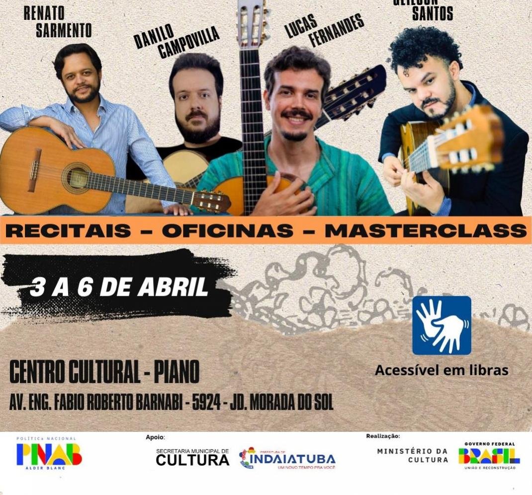 Na arte contem a programação do 1º Seminário de Violão e os professores que ministrarão o seminário. Fim da descrição.