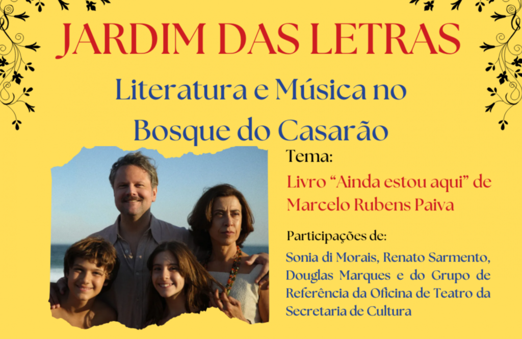 Arte com fundo amarelo e a foto ilustrativa do filme “Ainda Estou Aqui” e informações do evento que acontece no dia 30 de março.