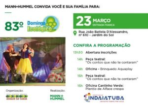 Arte colorida, com foto de uma peça teatral onde aparece a Branca de Neve, Pequena Sereia e mais um personagem infantil. Mann+Hummel convida você e sua família: 83º Domingo Ecológico, 23 de março, entrada franca.