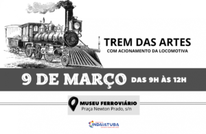 Arte em branco e preto. Do lado esquerdo o desenho de um trem e do lado esquerdo escrito Trem das artes com “Acionamento da Locomotiva”. Em baixo uma tarja preta com a escrita em branco “ 9 de março das 9h às 12h” e abaixo um emblema de localização escrito “Museu Ferroviário” e o endereço. Contem a logomarca oficial. Fim da descrição.