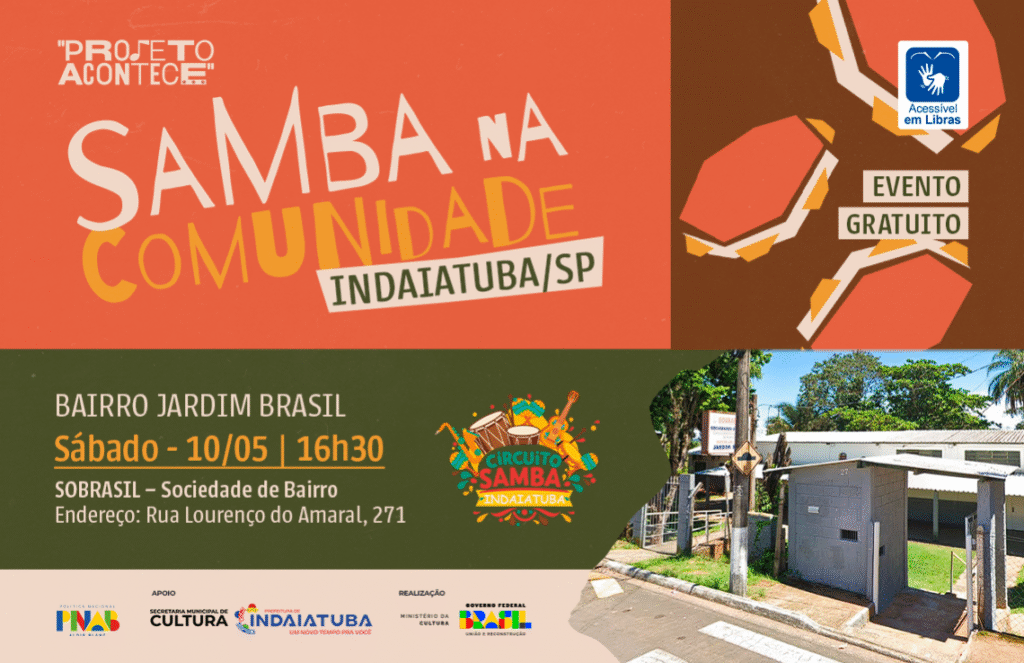 Arte colorida Projeto Acontece, Samba na Comunidade, Bairro Jardim Brasil, 10 de maio às 16h30.