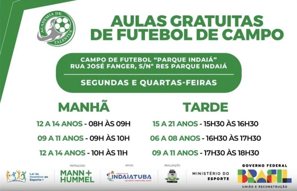 Informações sobre aulas de futebol de campo.