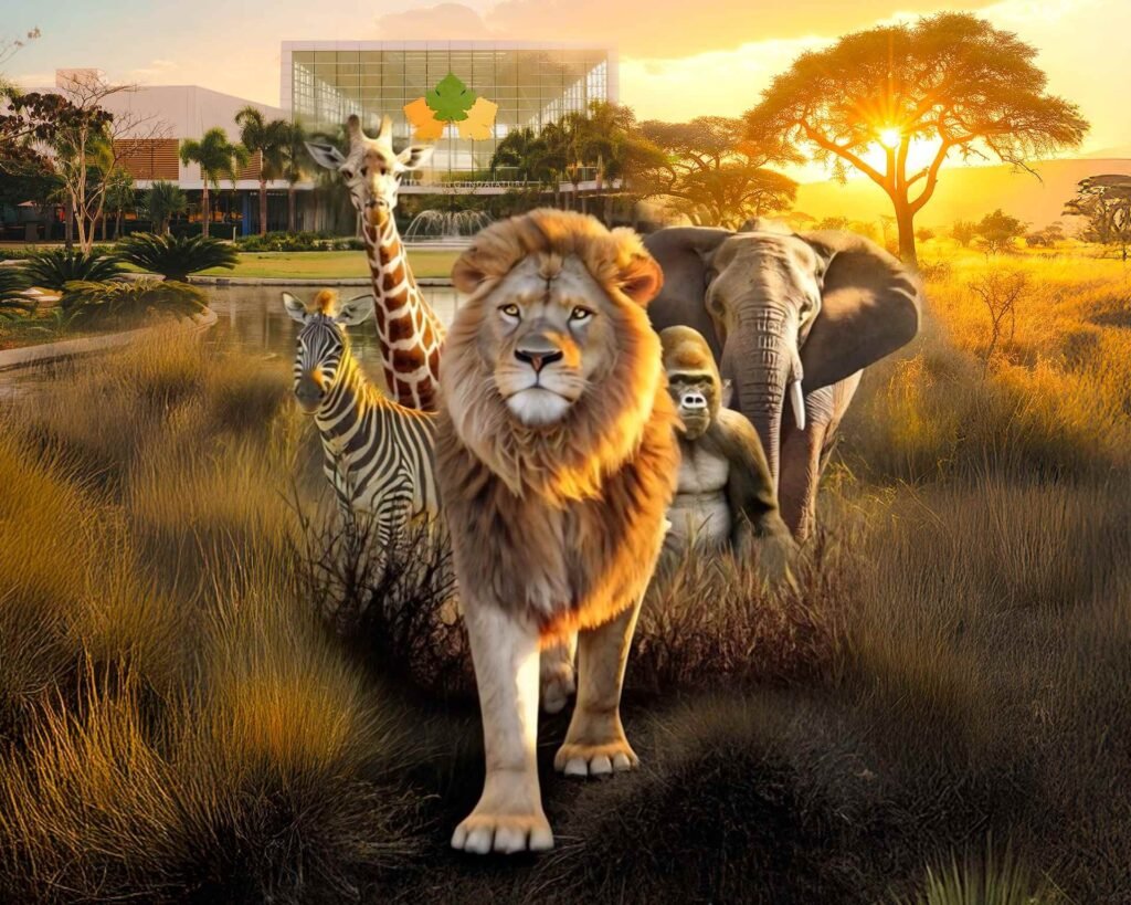 Exposição Smart Zoo no Polo Shopping Indaiatuba com réplicas realistas de animais selvagens.