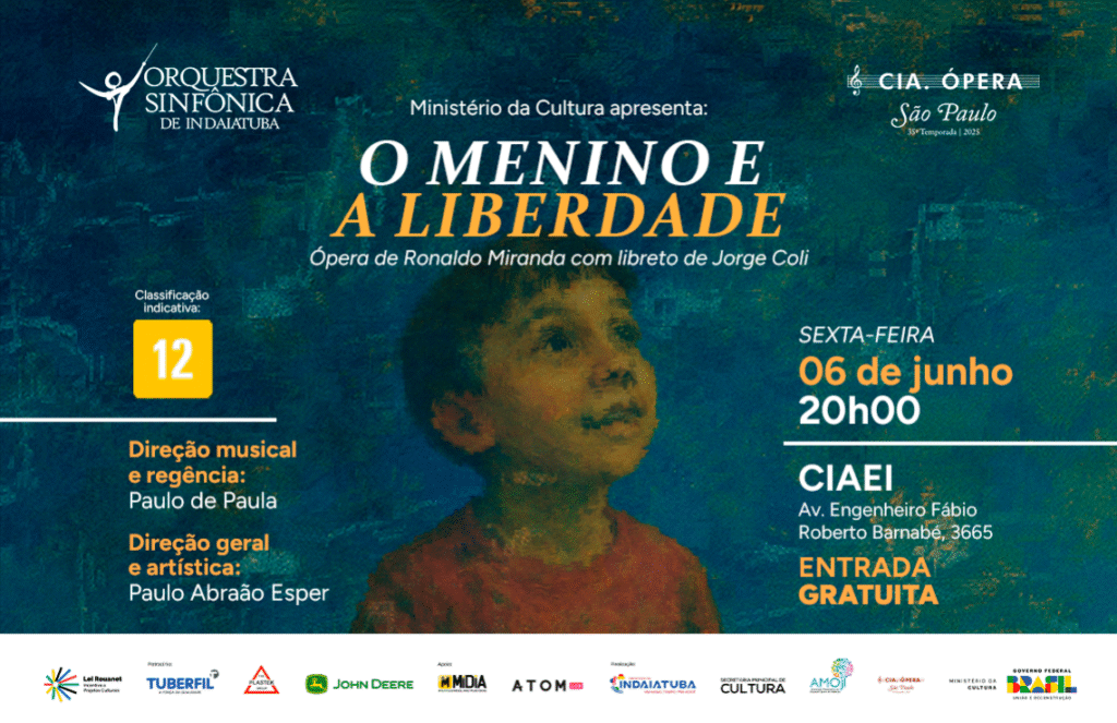 Arte com desenho de um menino com camiseta vermelha e informações escritas sobre o evento.