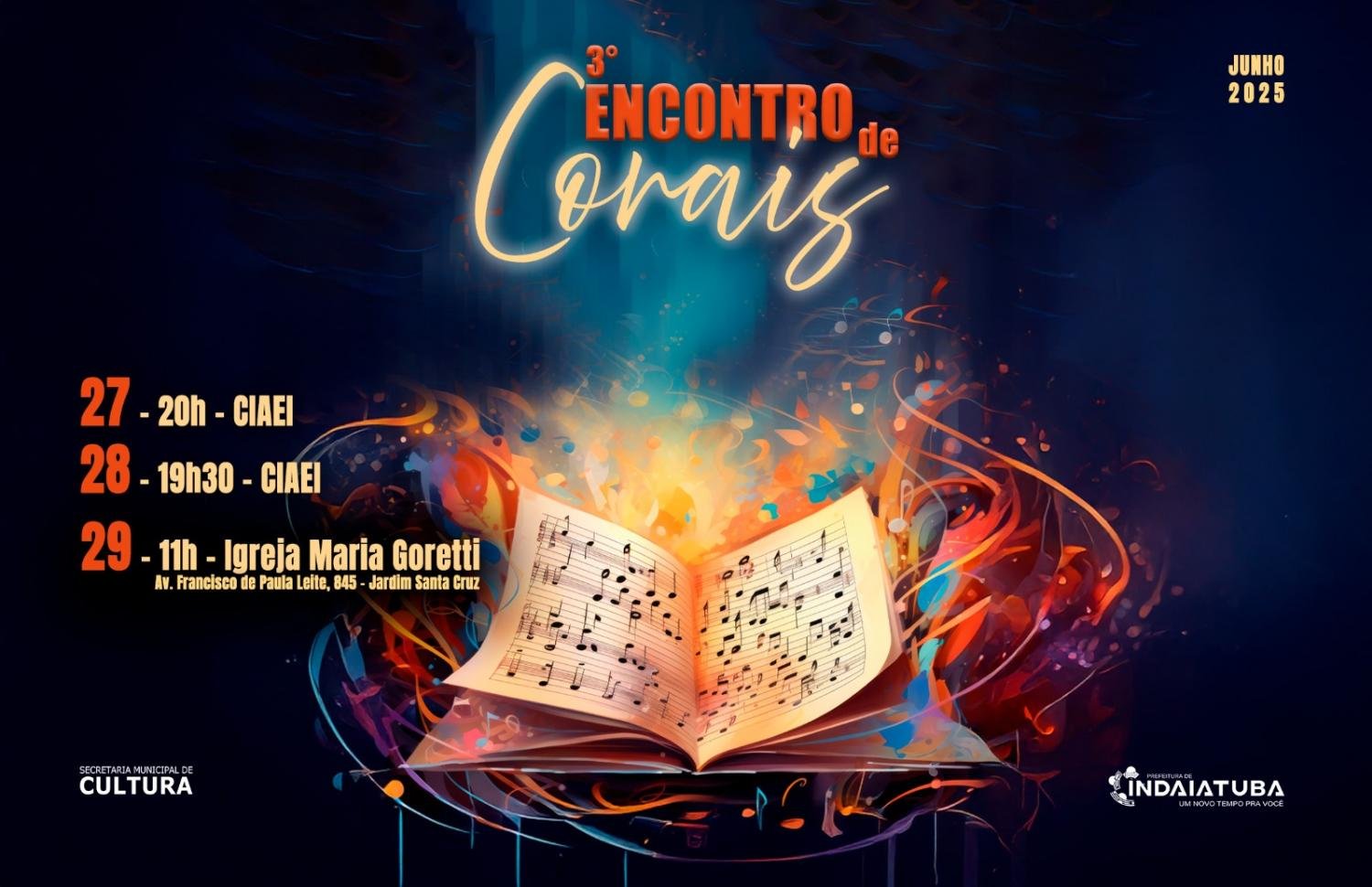 Arte do 3º Encontro de Corais com partitura e informações do evento em Indaiatuba