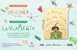 Arte com foto da capa do livro e informações sobre horário da oficina e lançamento do livro