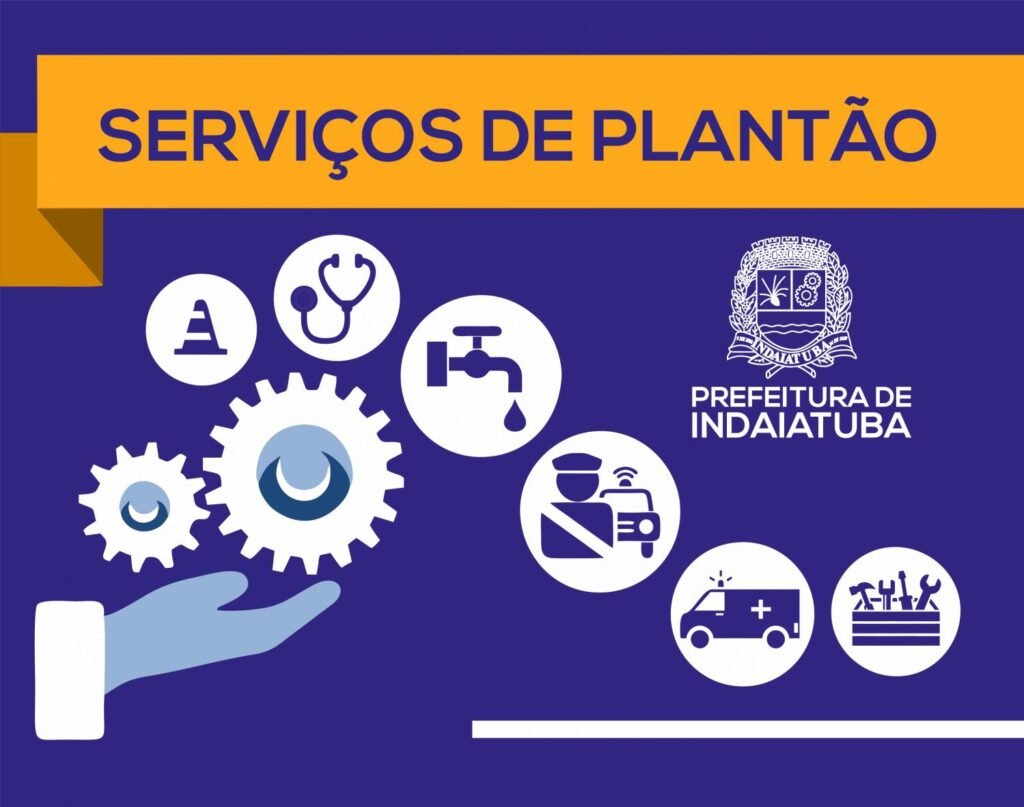 Arte oficial da Prefeitura de Indaiatuba com aviso de plantão de serviços no feriado