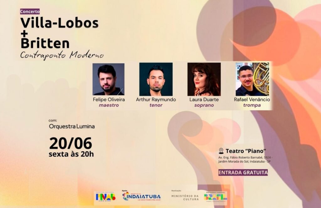 Arte com foto do maestro Felipe Oliveira, do tenor Arthur Raymundo, da soprano Laura Duarte e Rafael Venâncio, trompista. E informações do evento.