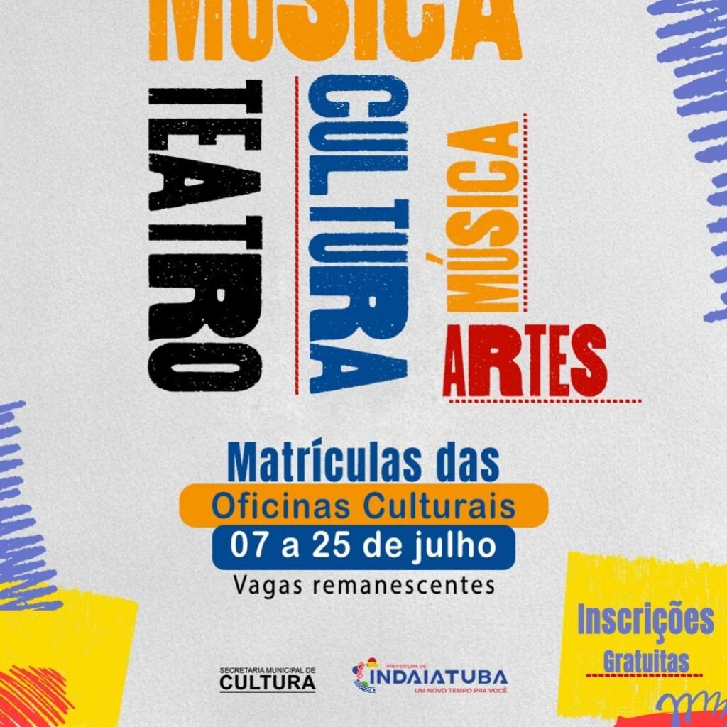 Arte colorida anunciando matrículas abertas para Oficinas Culturais em Indaiatuba