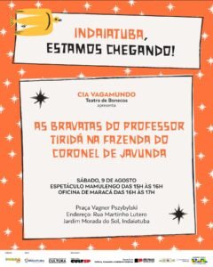 Arte do evento com informações sobre teatro de bonecos e oficina gratuita no Jardim Morada do Sol em Indaiatuba