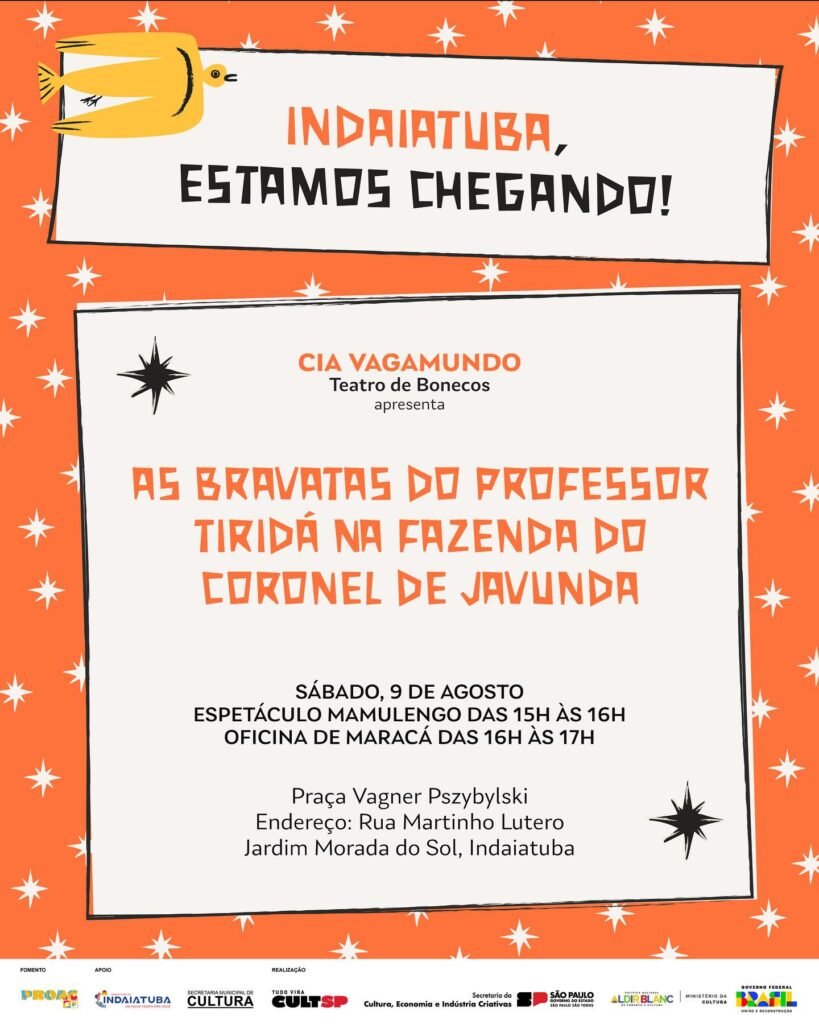 Arte do evento com informações sobre teatro de bonecos e oficina gratuita no Jardim Morada do Sol em Indaiatuba