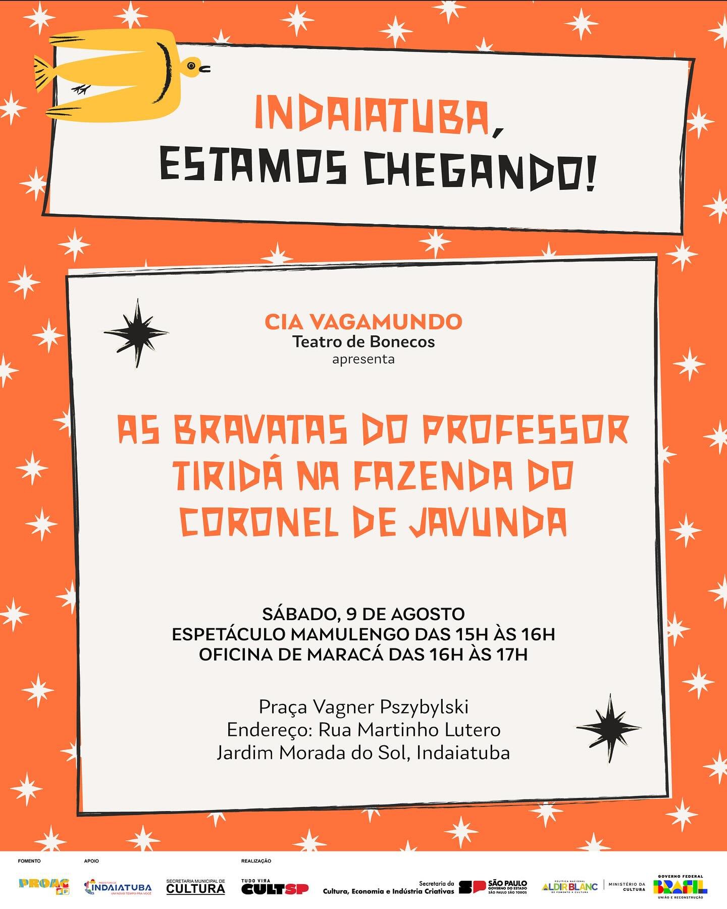 Arte do evento com informações sobre teatro de bonecos e oficina gratuita no Jardim Morada do Sol em Indaiatuba