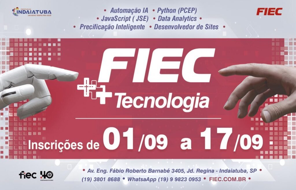 Arte do programa FIEC +Tecnologia com cursos de programação, IA e análise de dados em Indaiatuba