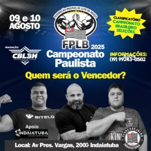 Arte do Campeonato Paulista de Luta de Braço 2025 com data e programação do evento em Indaiatuba