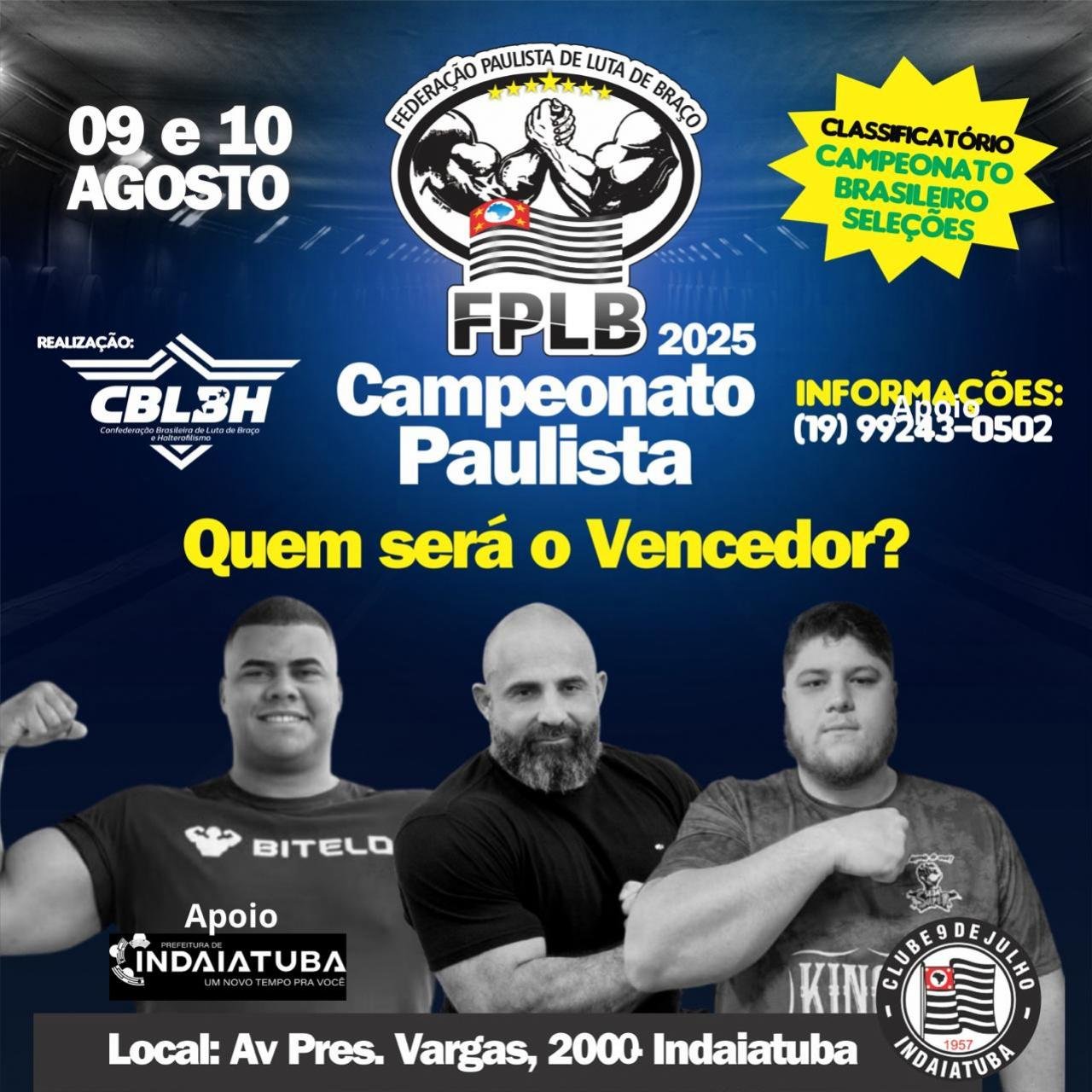 Arte do Campeonato Paulista de Luta de Braço 2025 com data e programação do evento em Indaiatuba