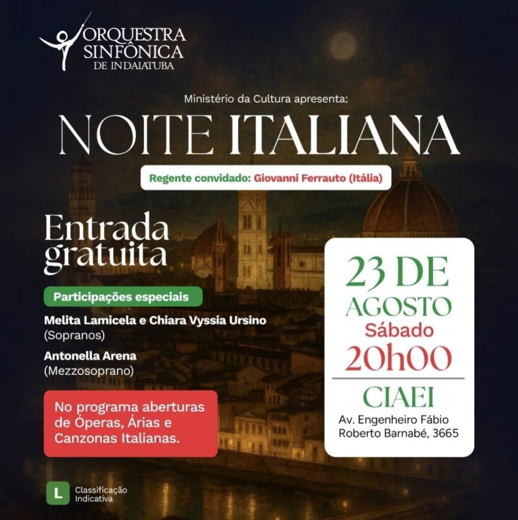 Cartaz informativo sobre a Orquestra Sinfônica de Indaiatuba em concerto da Noite Italiana no Ciaei