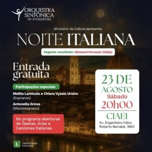 Cartaz informativo sobre a Orquestra Sinfônica de Indaiatuba em concerto da Noite Italiana no Ciaei