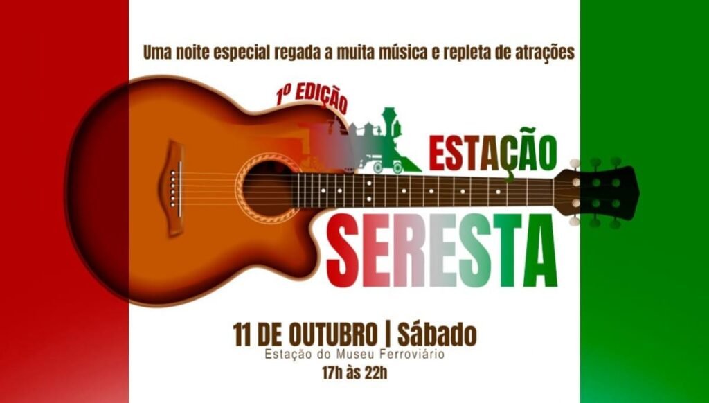 Arte com um violão e informações sobre evento Estação Seresta Indaiatuba