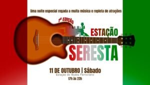 Arte com um violão e informações sobre evento Estação Seresta Indaiatuba